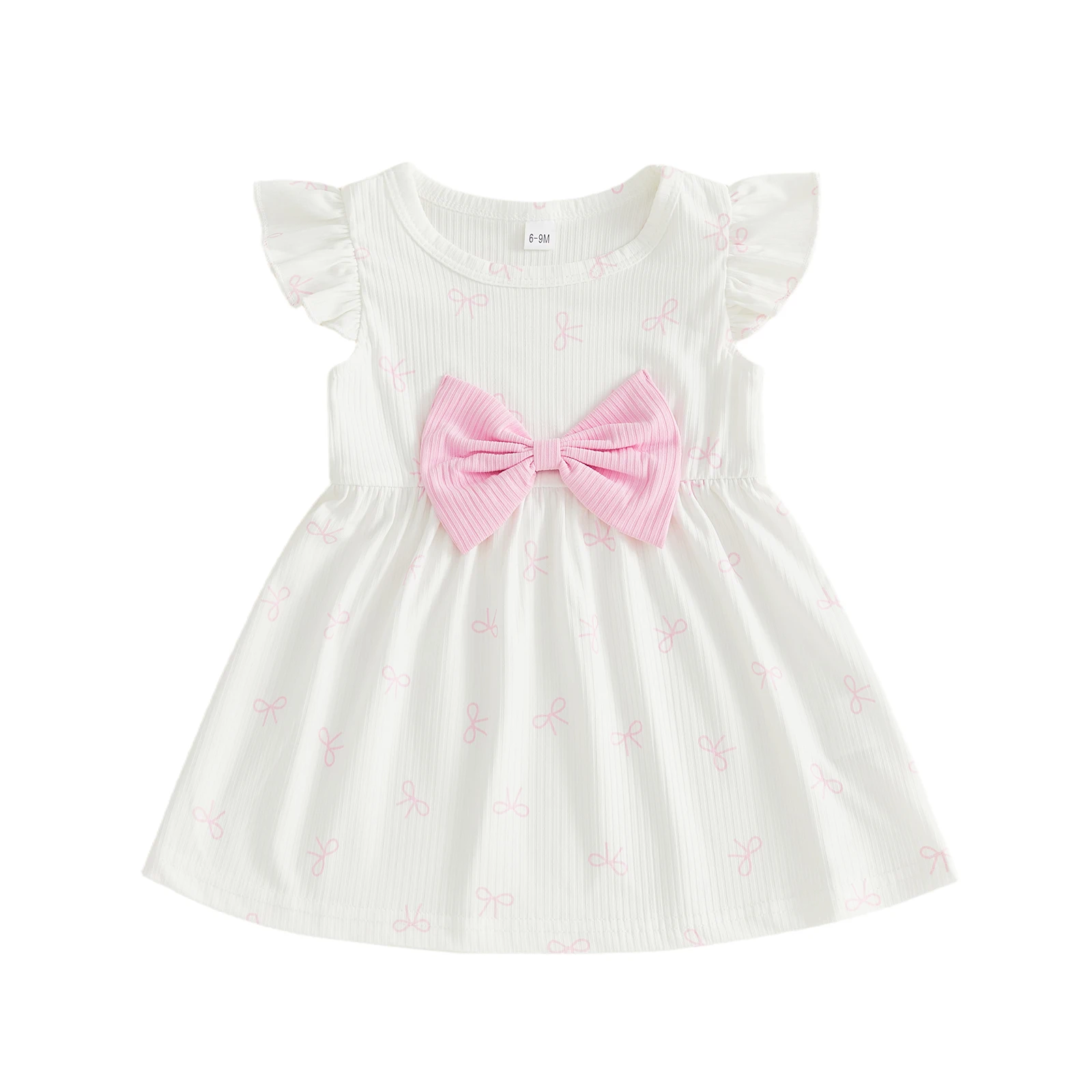 Girls A-line Ribbed Dress Summer Short Sleeve O Neck Bow Print Dress with Bow Decor