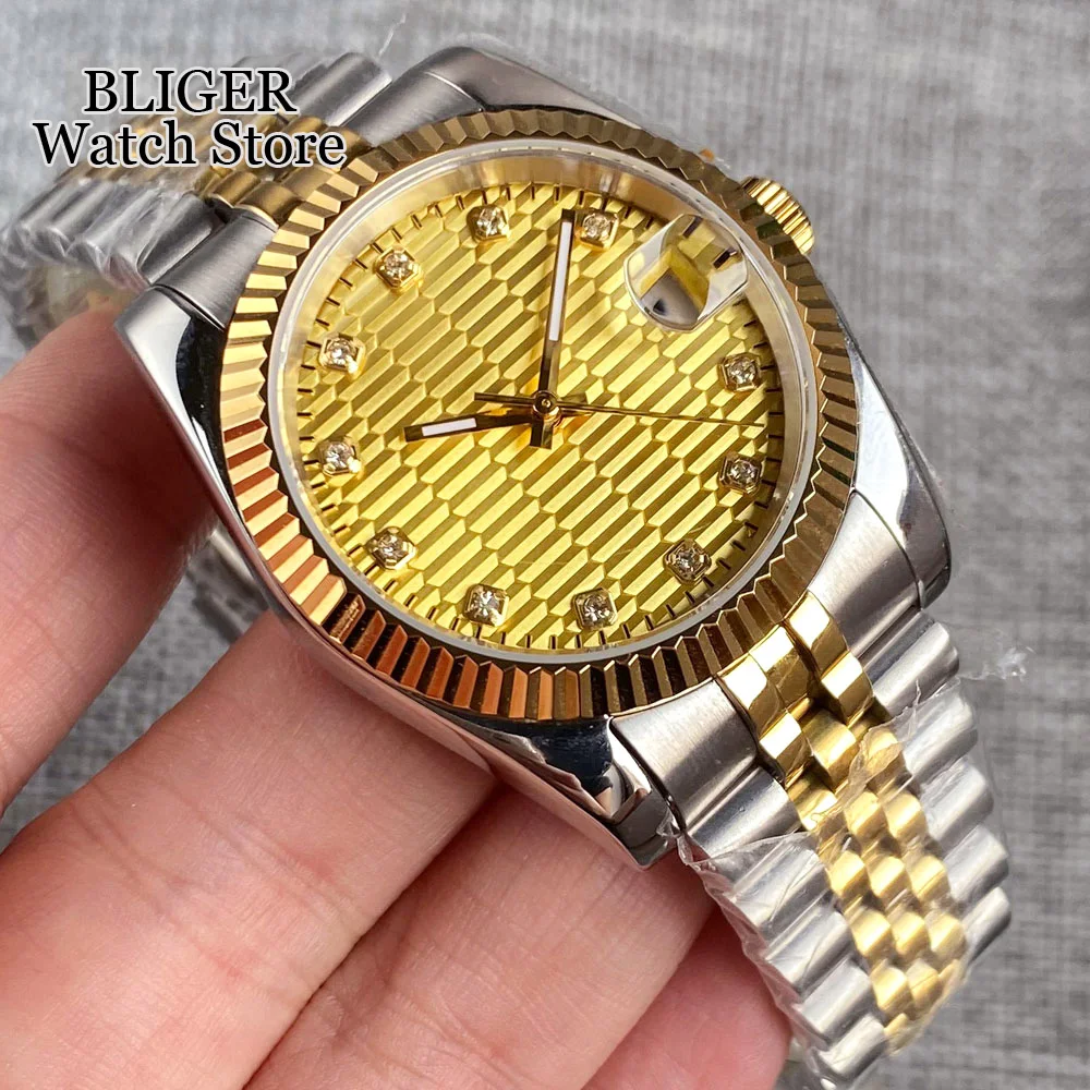 BLIGER 36mm 39mm NH35A Automatic Men Watch Two Tone Gold Diamond Marks Yellow Dial Steel Bracelet Baton Hands Sapphire Glass