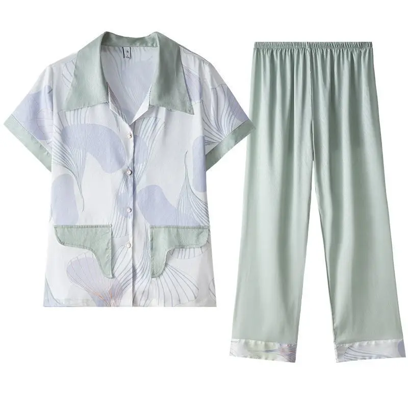 New Silk Pajamas for Women Short-sleeved Ice Silk Pyjamas Women Spring Summer Loungewear Pajamas Girls Can Wear 2PCS Outside