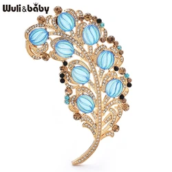 Wuli&baby Big Palace Style Feather Brooches For Women Lady Elegant Blue Leaf Flower Party Office Brooch Pins Gifts
