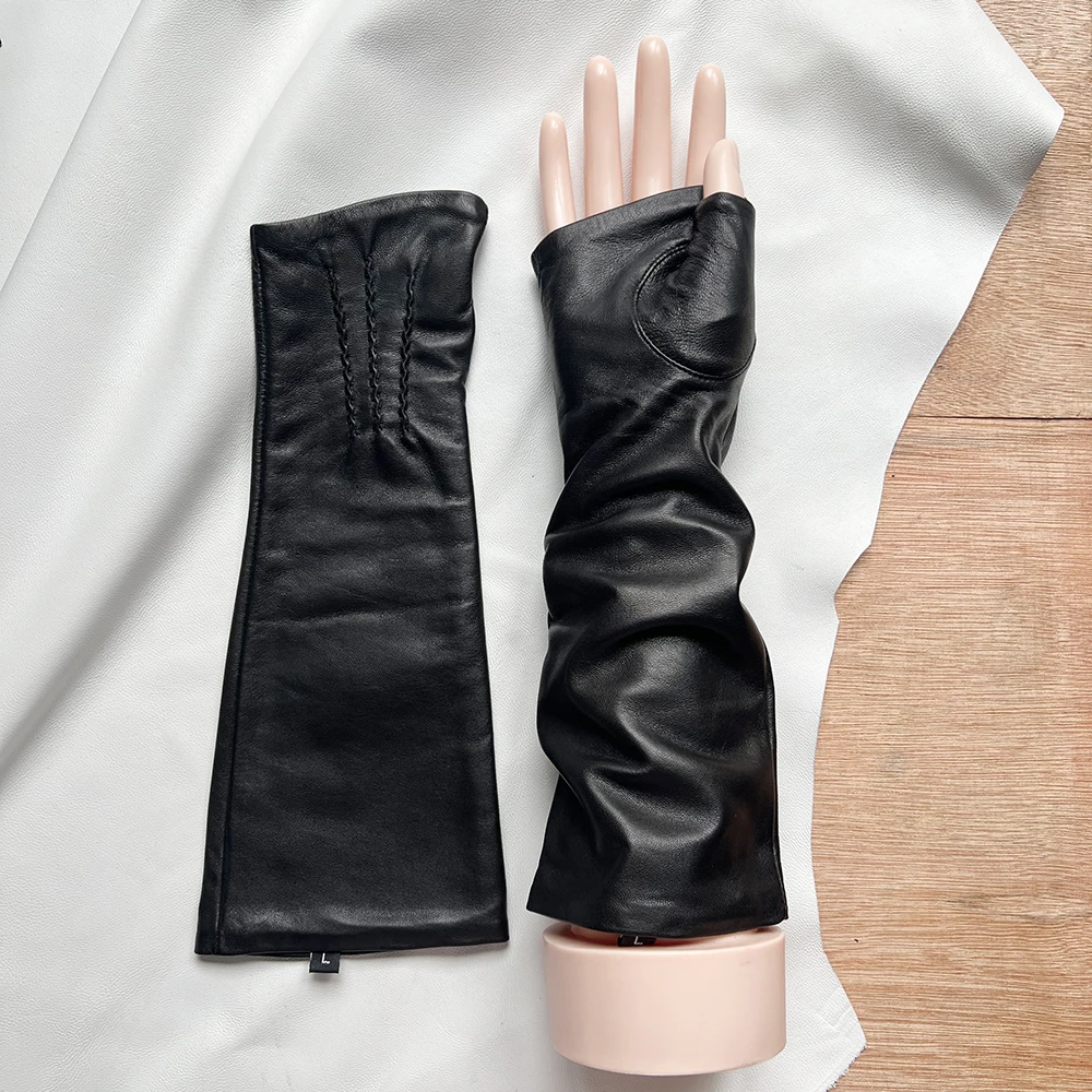 Men's Fingerless Gloves Women's Half-fingerless Gloves Black Sheepskin 29cm Length Leather Gloves Windproof Driving Gloves Black