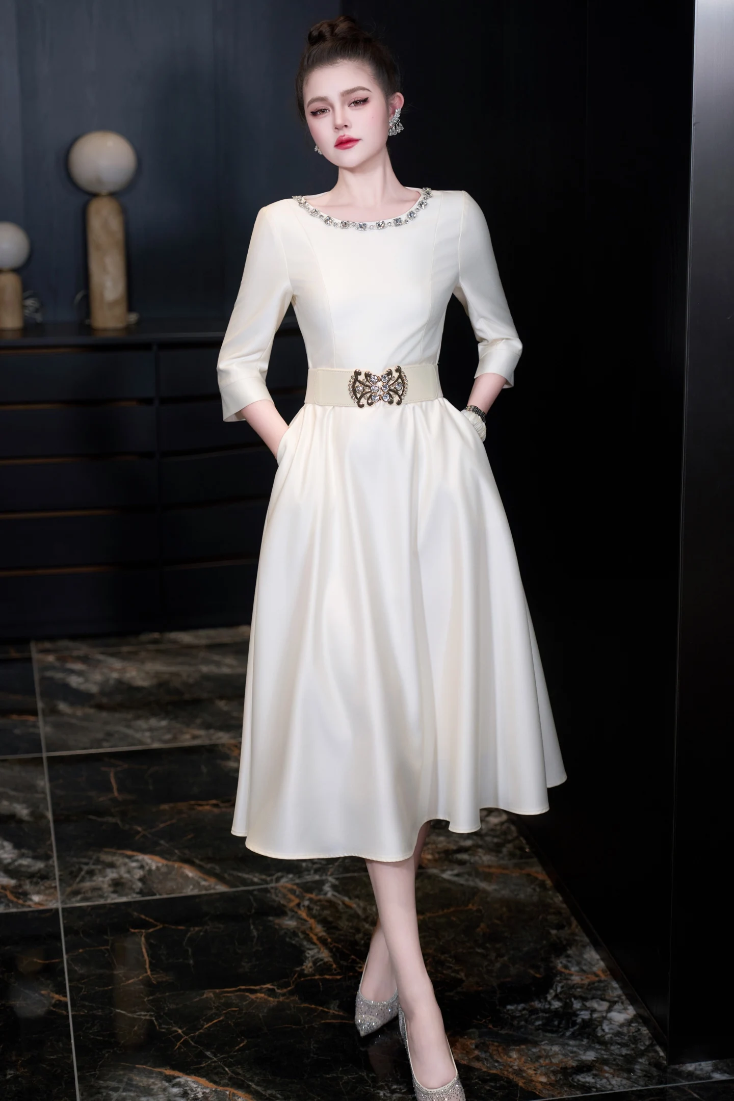 ZJYT 2026 Spring New Fashion Women Beading Dress Elegant Three Quarter Sleeve Solid White Midi Dresses Party Vestidos with Belt