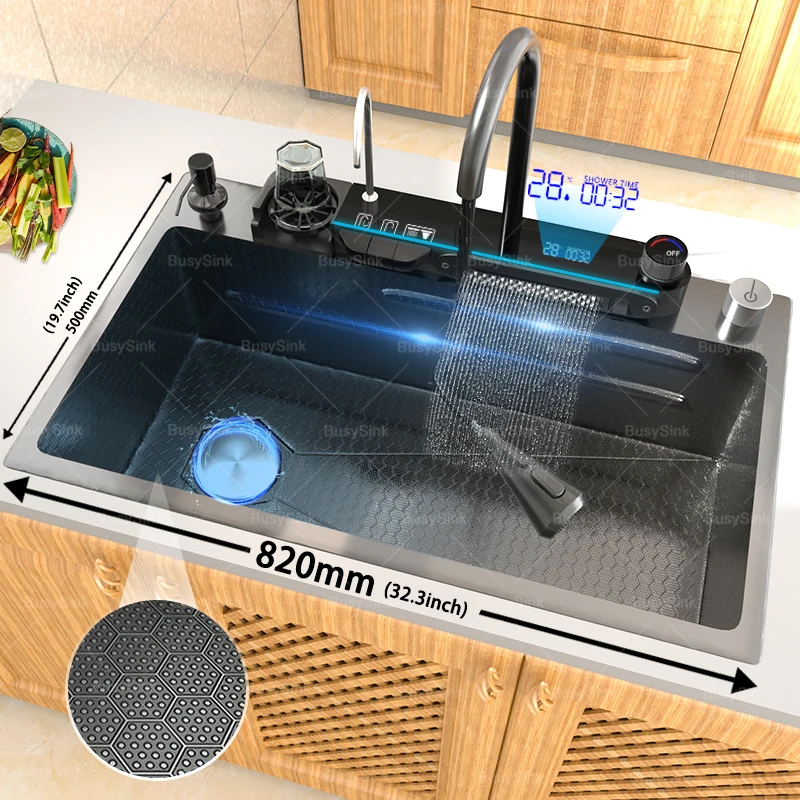 Stainless Steel Waterfall Kitchen Sink Embossed Extra Large Single Slot Intelligent Digital Display Dishwashing sink