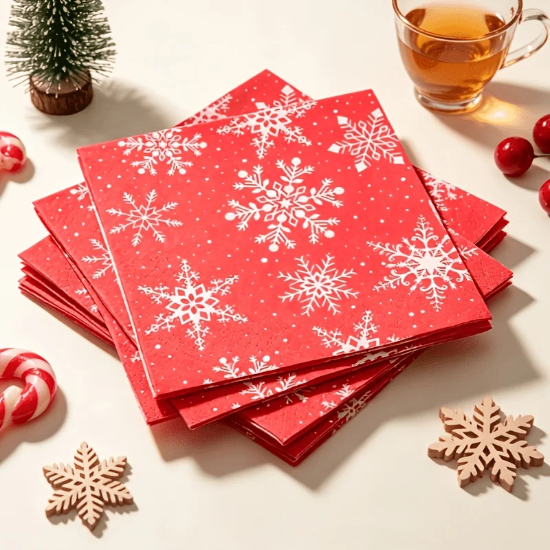 20PCS Christmas Snowflake Paper Napkins, Disposable Red Xmas Tissue for Holiday Dinner Party Table Decor