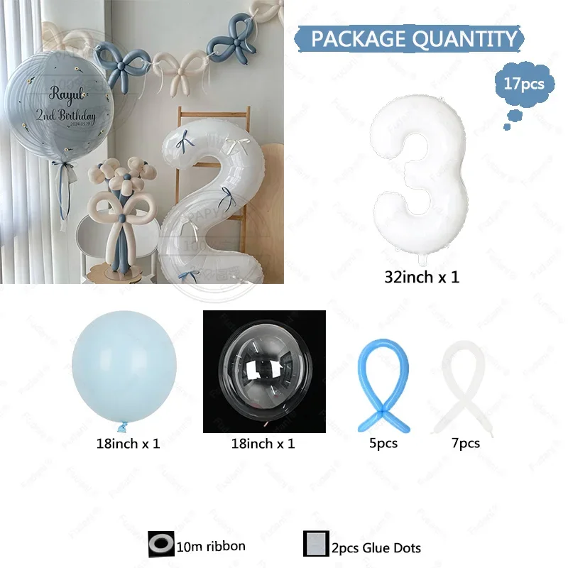 17pcs Blue Bow White Digital Foil Balloon Set Blue White Balloon for Wedding Birthday Anniversary Baby Shower Party Decoration