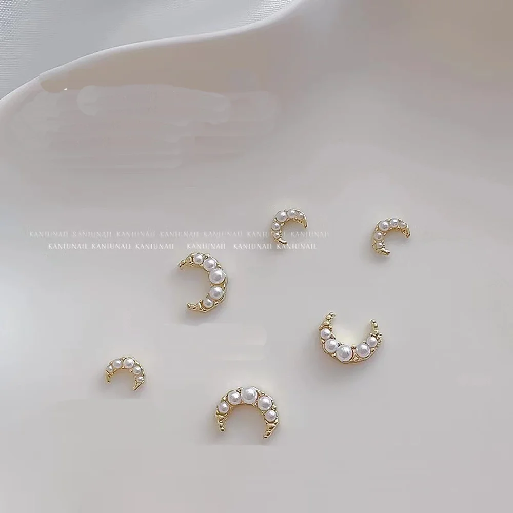 10pcs Moon Nail Art Charms 3D AB Diamonds Pearl Alloy Moon Flatback Nail Decoration Rhinestones Japanese Design Manicure Jewelry