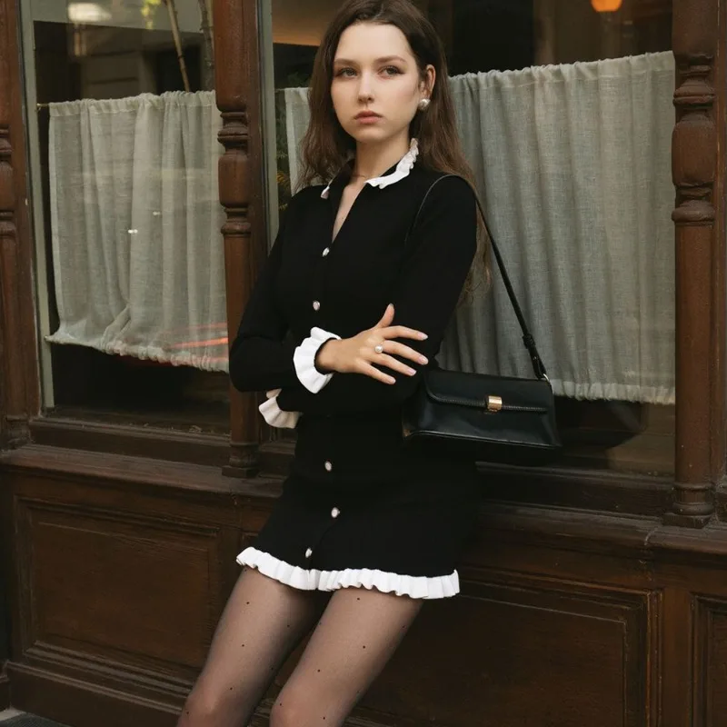 Tuularose élégant tricot Mini robe mode à volants Patchwork mince robes en tricot Vintage taille haute mince col en v femmes robes en tricot