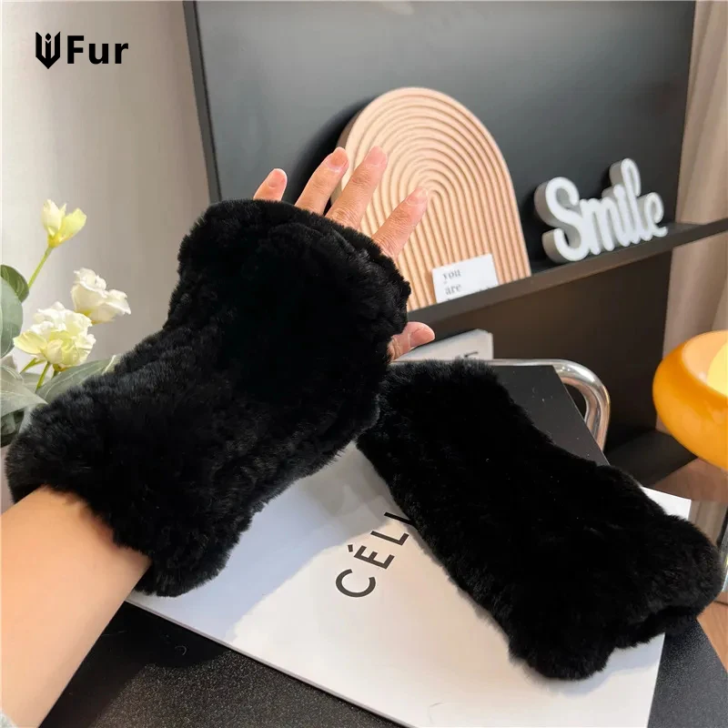 Winter Girl Natural Real Rex Rabbit Fur Gloves Good Elastic Hand Knitted Rex Rabbit Fur Mittens Lady Real Rex Rabbit Fur Gloves