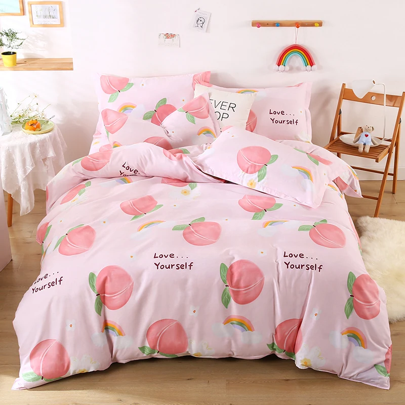 

3PCS Pink Peach Print Pattern Duvet Cover Set, Kawaii Fruits Cotton Bedding with Corner Ties and Zipper Closure for Kids Teens