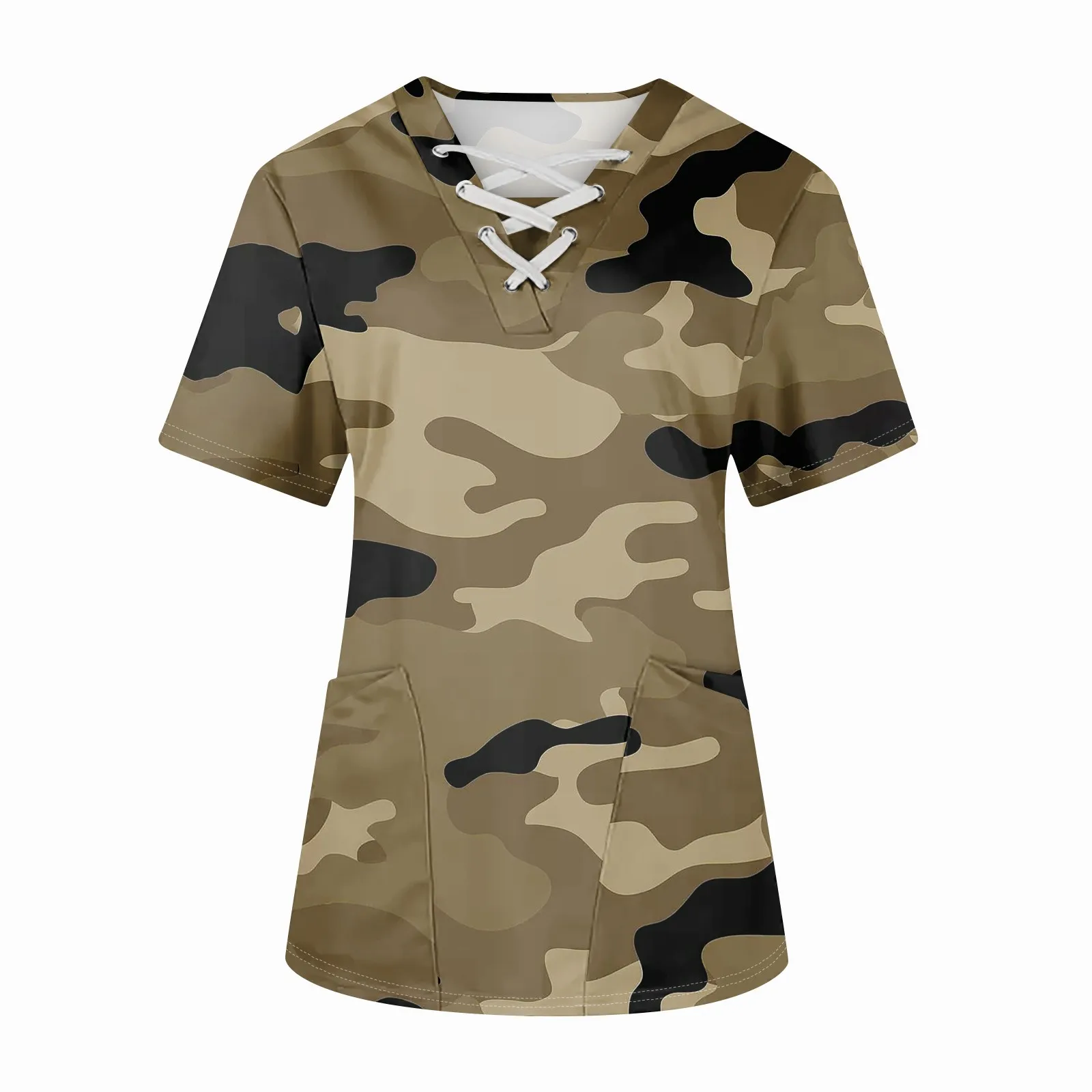 เสื้อทำงานพิมพ์ลายพรางแบบหลวมๆ สำหรับผู้หญิง แขนสั้น ระบายอากาศได้ดี มีกระเป๋าเสื้อ