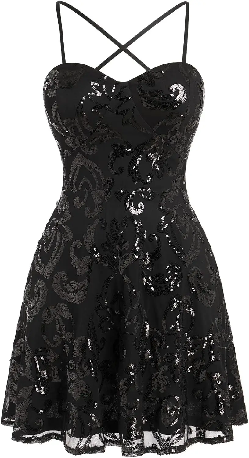 Mini abito a trapezio con cinturino per spaghetti con paillettes scintillanti da donna, altalena lucida, discoteca, danza, abito da ritorno a casa sopra il ginocchio