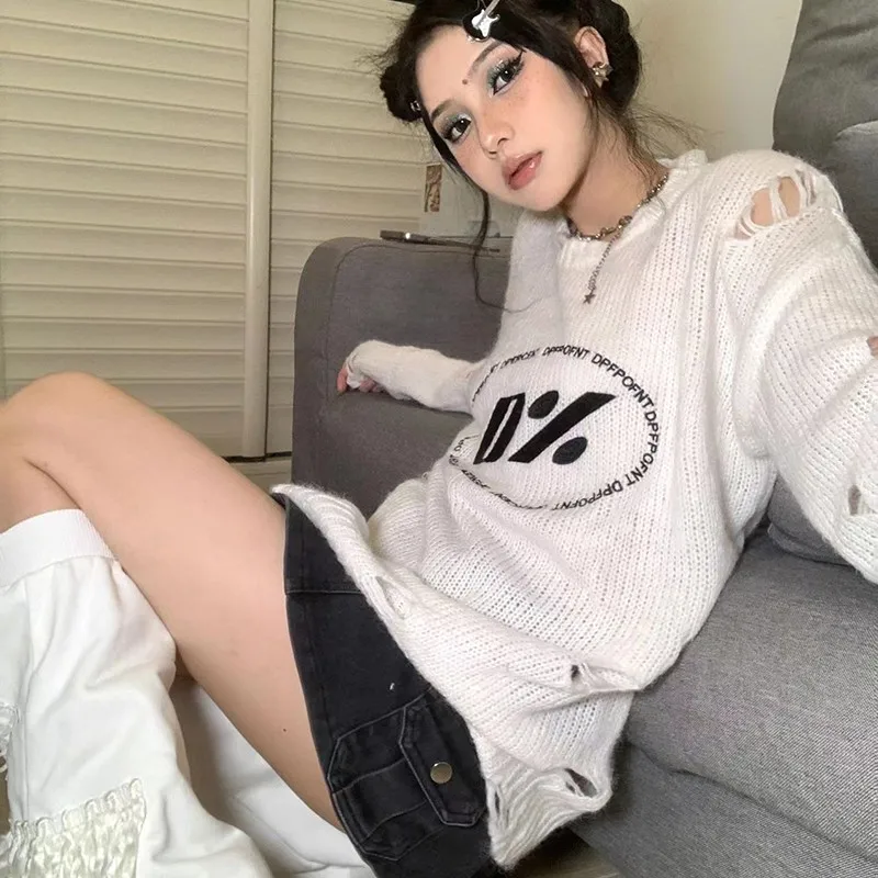 Karrcat Grunge Hollow Out Jumpers Harajuku Gothic Hole Broken Knitted Pullover Fairycore Oversized Sweater Emo Alt Clothes Y2k