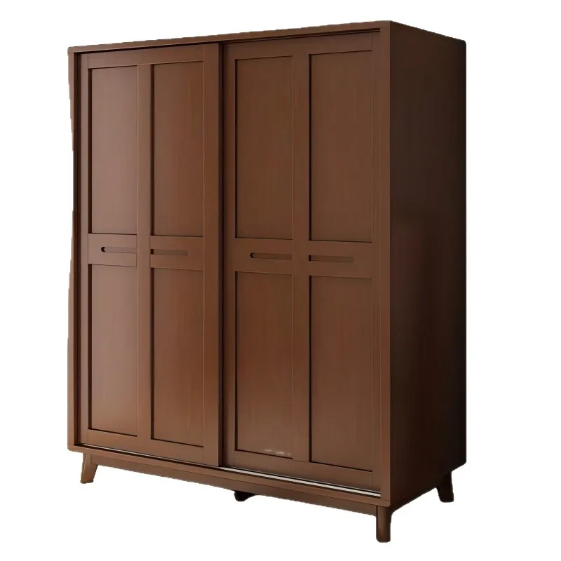 All solid wood sliding door wardrobe Nordic simple bedroom sliding door storage cabinet with top cabinet large wardrobe