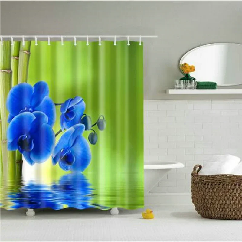 Orchid Shower Curtains Fresh Blue Pink Flower Floral Green Bamboo Zen Bath Curtain Fabric Decor Bathroom Accessories Set Hook