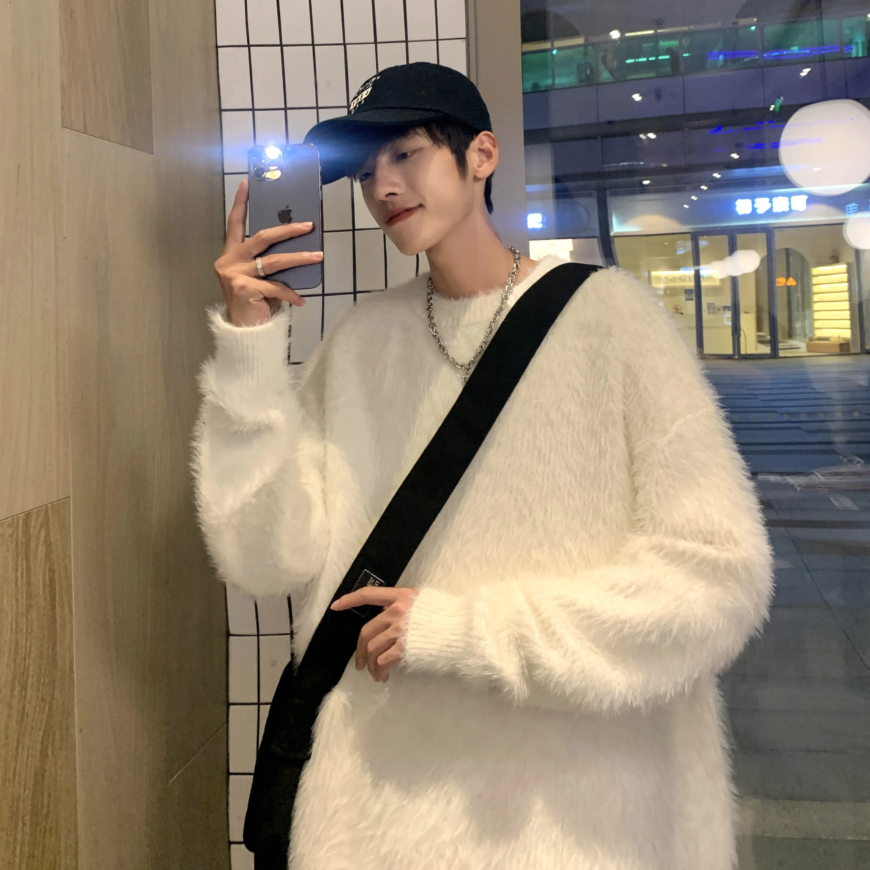 

Мужской утепленный шерстяной вязаный свитер на осень-зиму, повседневный модный свитер с норковым мехом, в расслабленном стиле, с круглым вырезом, с длинным рукавом