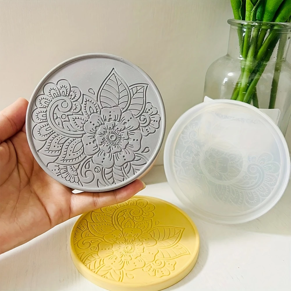 4pcs round mandala florals coaster silicone mold resin pouring coaster craft, diy concrete insulation mat