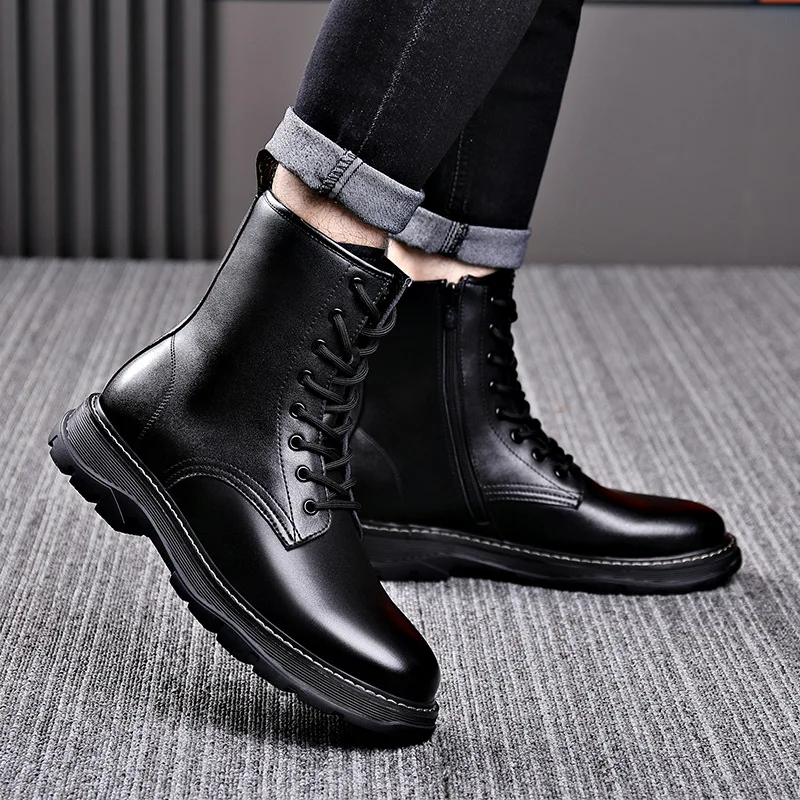 men's casual autumn winter boots black genuine leather shoes cowboy platform chunky boot handsome high motorcycle botas hombre