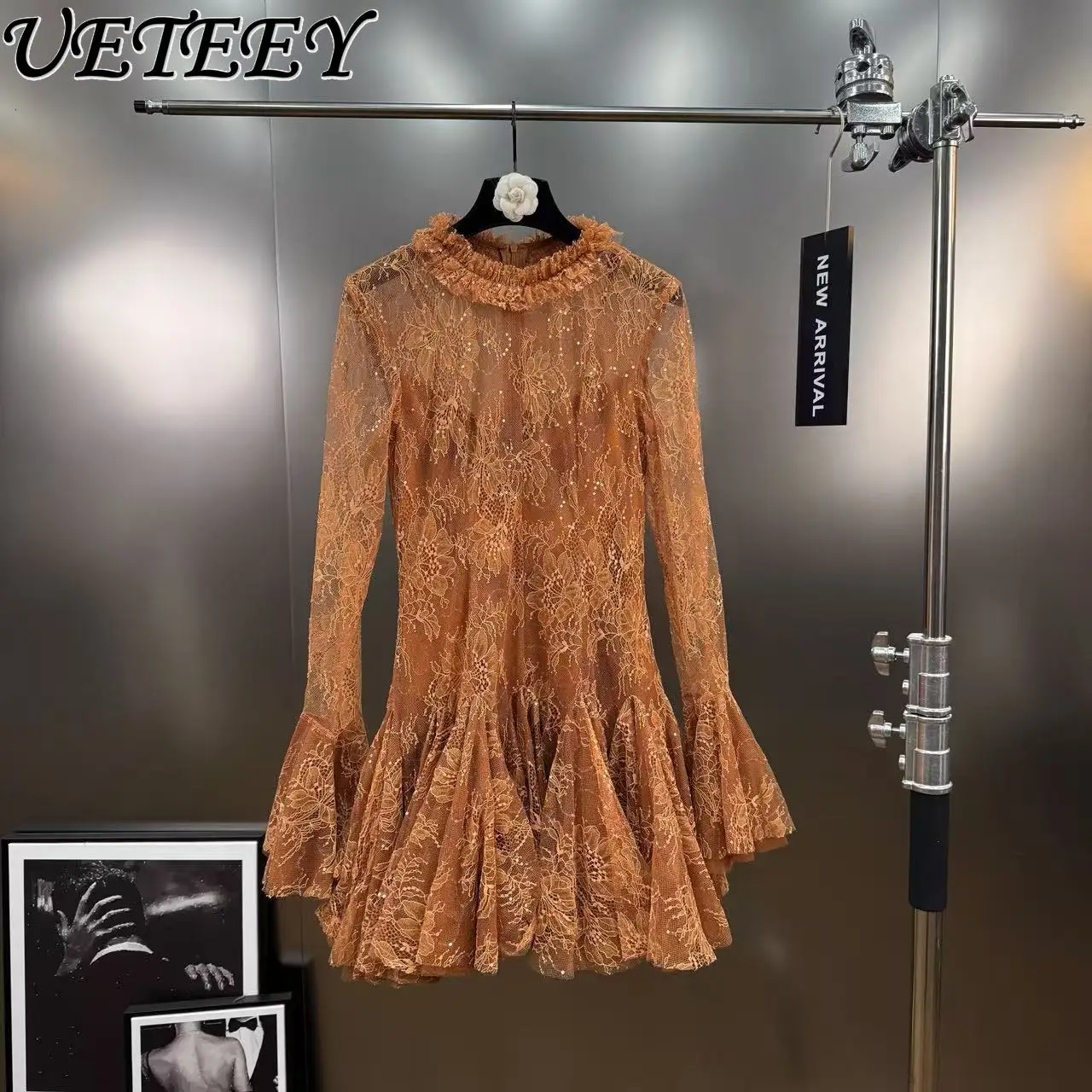 Nicho francês renda fino ajuste queimado vestido de manga longa para mulheres gola emagrecimento elegante plissado vestidos curtos inchados