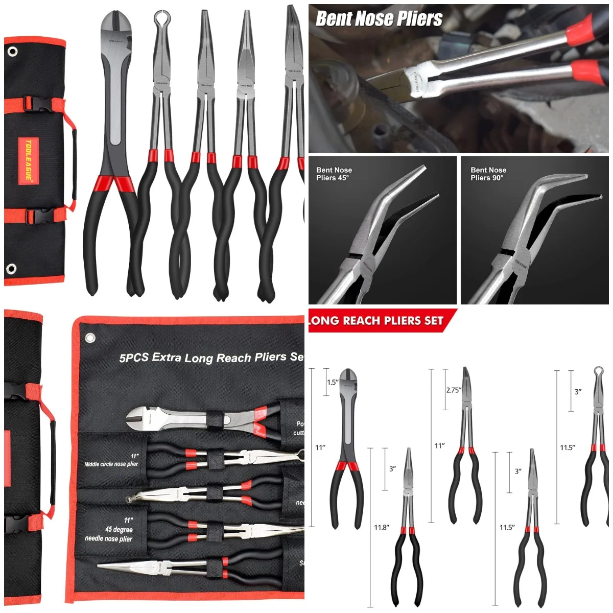 

5Pcs Extra Long Needle Nose Pliers Set, 11' Reach, Bent & Straight Tips, Diagonal & O-Shape Tools