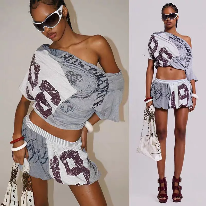 Jaded London Vintage Print Gedeconstrueerde ort Sve Bubble Rok Set Cool Sle Slim Fit T-shirt Bubble Sve voor dames