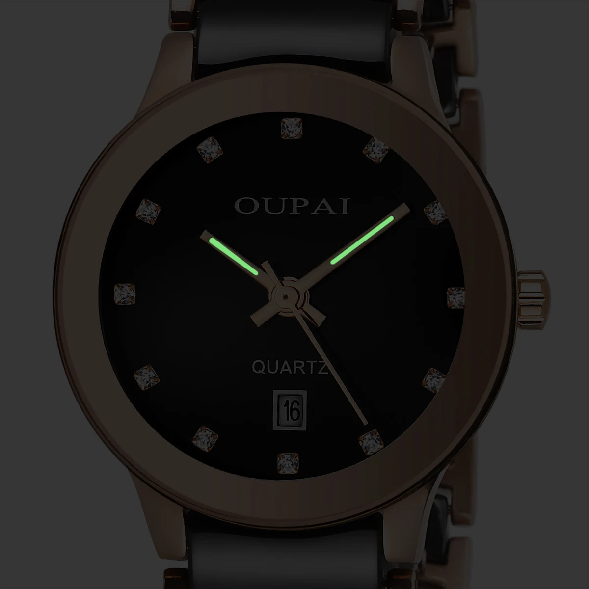 Часы Oupai, женские черные керамические японские кварцевые часы, модный простой календарь со шкалой со стразами