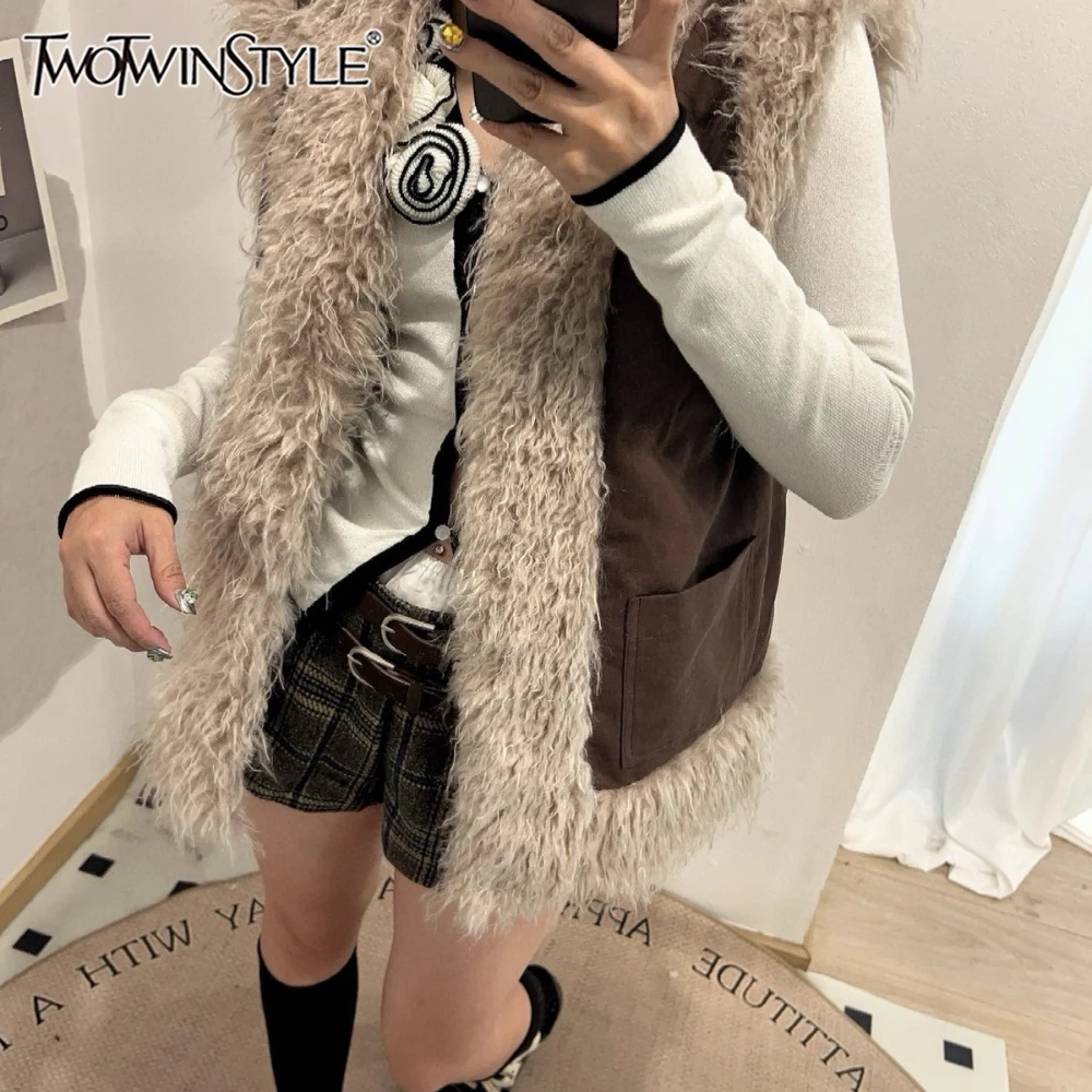 

TWOTWINSTYLE Hit Color Spliced Fur Chic Jacket Female V Neck Sleeveless Loose Streetwear Basics Women's Jackets Autumn Fashion