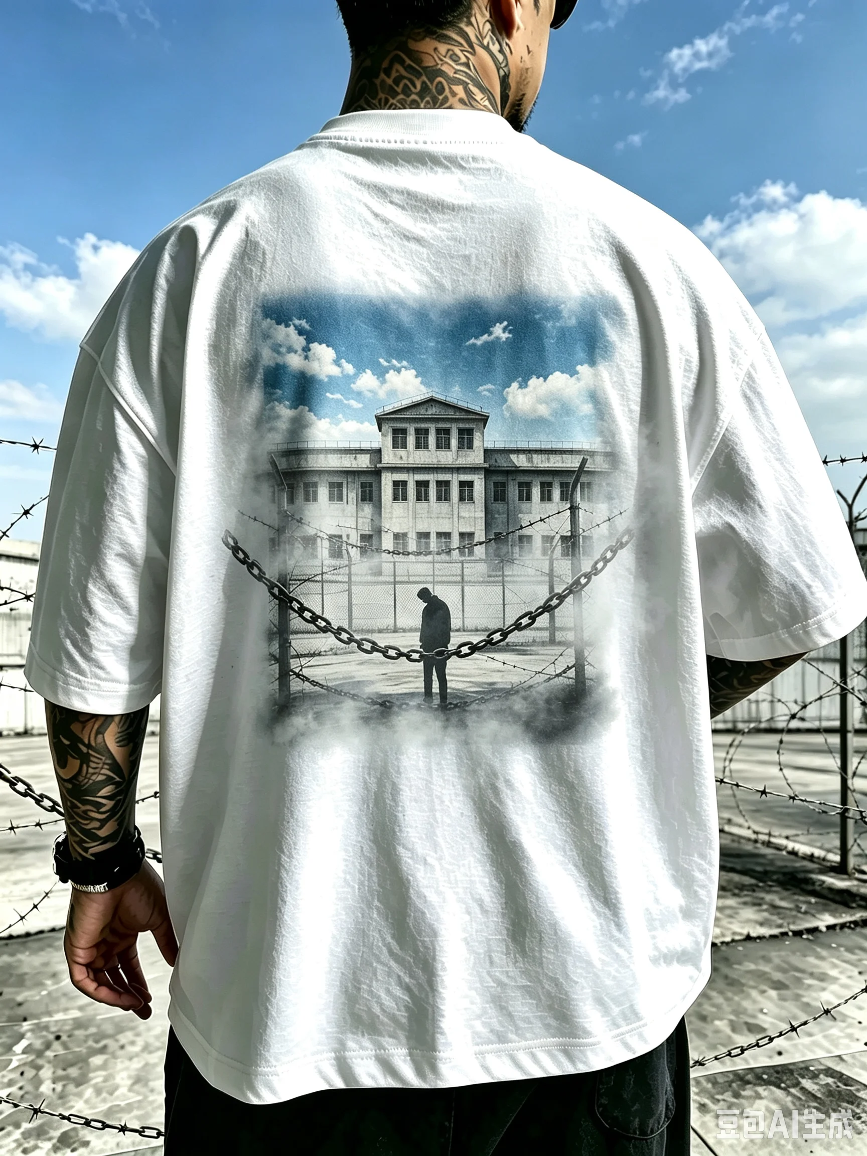 Unisex Oversized Casual Cotton Tshirt, Vintage Prison Building Barbed Wire Lonely Man Silhouette Back Print Tee, Dark Aesthetic Captivity Freedom Theme Street Fashion Short Sleeve Tops