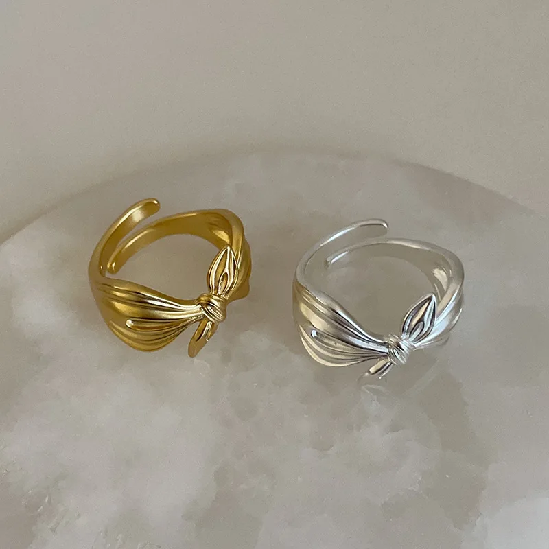 14K Real Gold Silver Plated Copper New Chic Matte Color Metallic Drape Bowknot Open Adjustable Cocktail Ring for Women