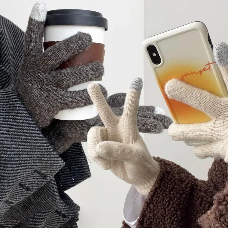 Simple Autumn Winter Plush Thickened Warm Cashmere Touch-Screen Gloves Cold-Resistant Soft Sweet Cool Versatile Knitted Gloves