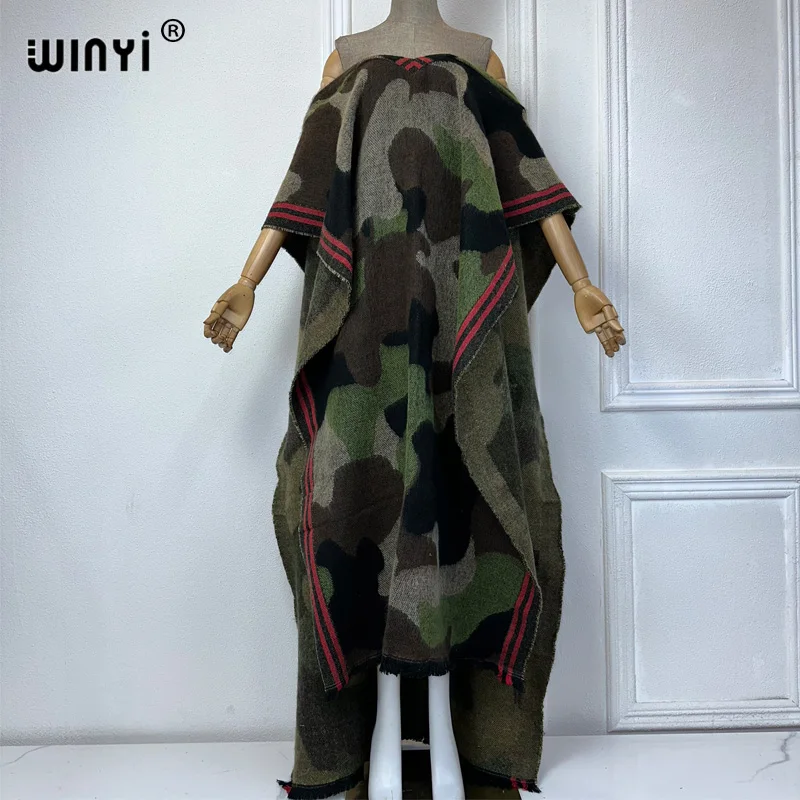 WINYI camouflage colour African women winter long down poncho abaya dubai luxury party dress shawl cape poncho for women luxury