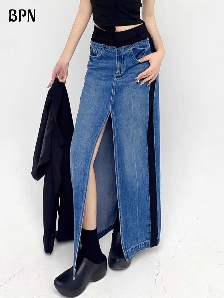 

BPN Casual Fashion Denim Skirts For Women High Waist Patchwork Pockets Thigh Split Slimming Bodycon Skirt Female Clothing Style