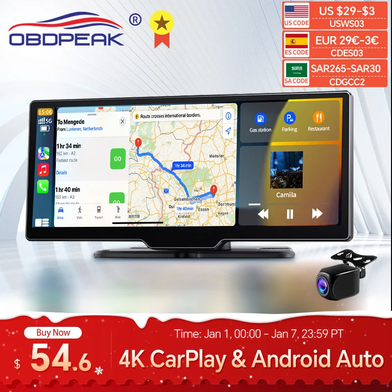 Caméra de tableau de bord avec commande vocale, caméra de recul, Carplay et Android, navigation GPS automatique, DVR de voiture, BT, moniteur FM,