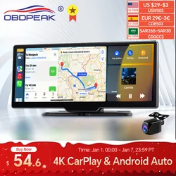 Caméra de tableau de bord avec commande vocale, caméra de recul, Carplay et Android, navigation GPS automatique, DVR de voiture, BT, moniteur FM, K2, 4 K, 2024 P, 10.26 pouces, 2160