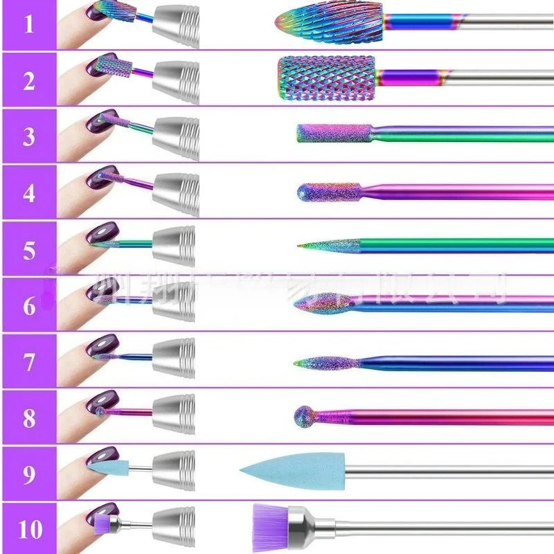 Nail Art Set 10 Pcs Colorful Tungsten Steel Armor Remover Grinding Head Colorful Emery Drill Bit Set Tool