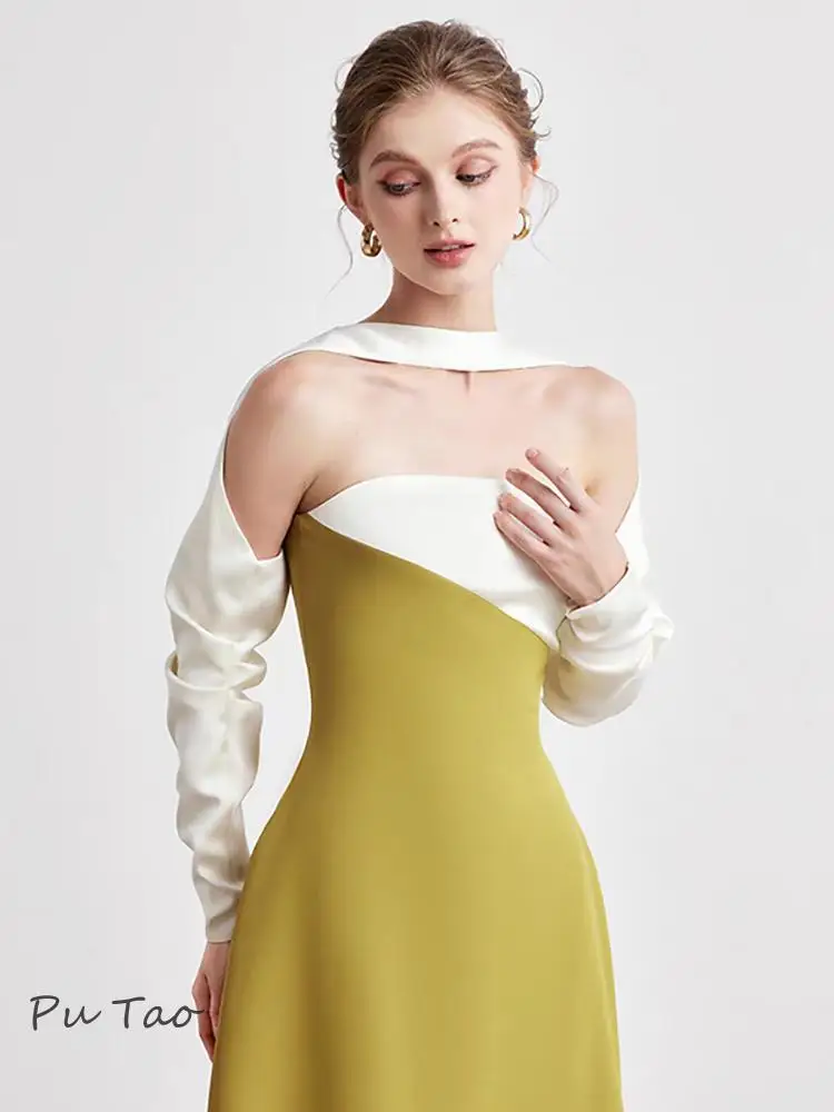 PuTao-elegante vestido de baile sem alças para mulheres, vestido halter fora do ombro, vestido de noite feminino, cor de contraste, primavera, novo, 2024