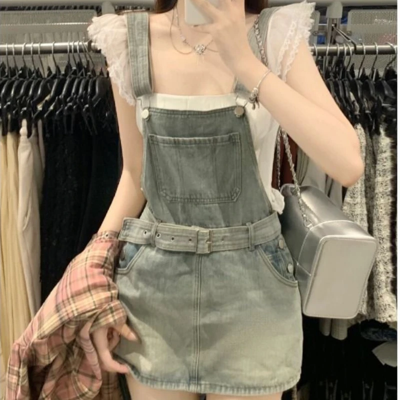 Women Backpack Skirt Denim Skirt Y2k A-line Skirt Belt Streetwear Vintage Clothes Chic Slim Sexy Sweet Design Loose Solid Blue