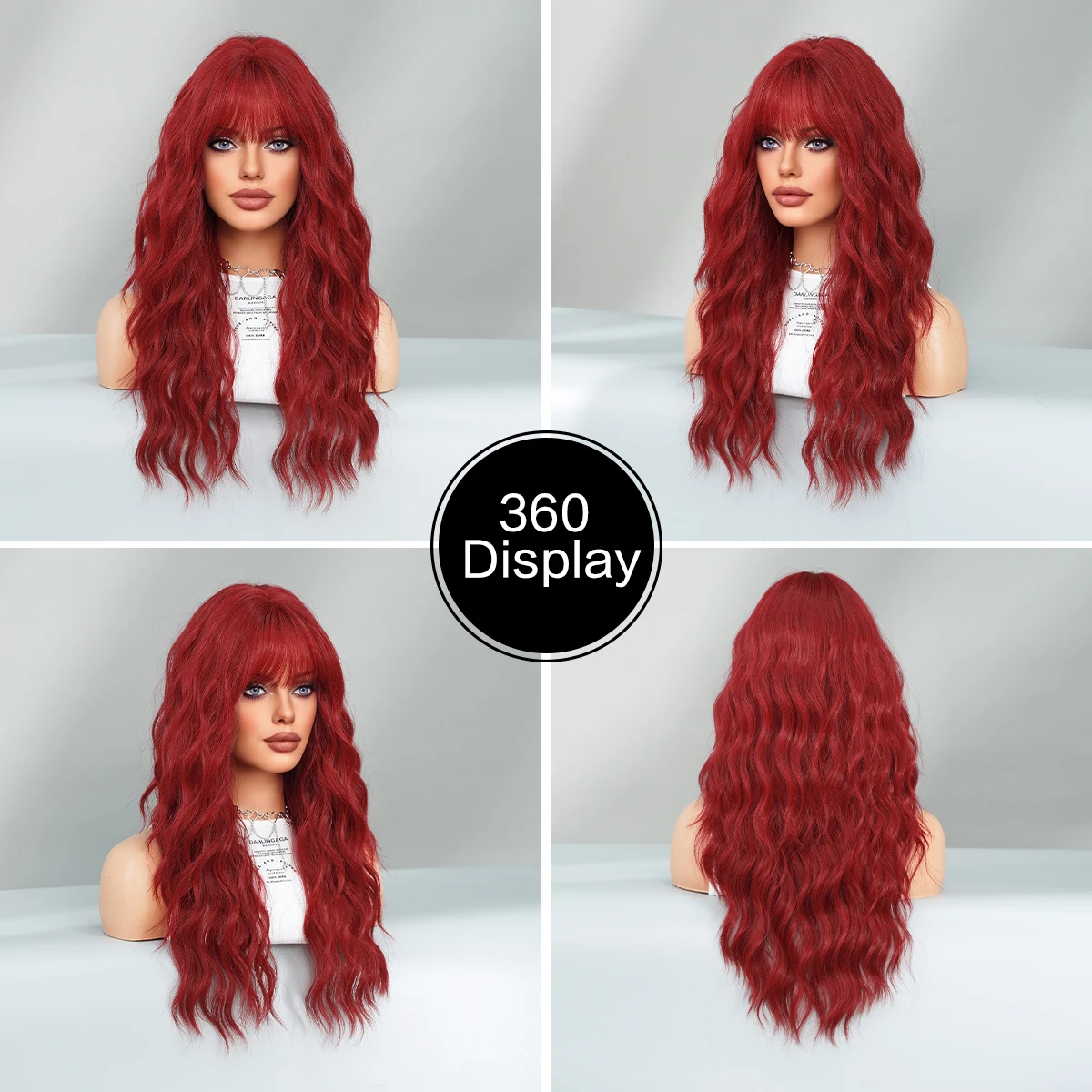 7JHH WIGS Long Loose Water Wavy Wine Red Wig for Women Daily Party High Density Synthetic Layered Hair Wigs with Neat Bangs