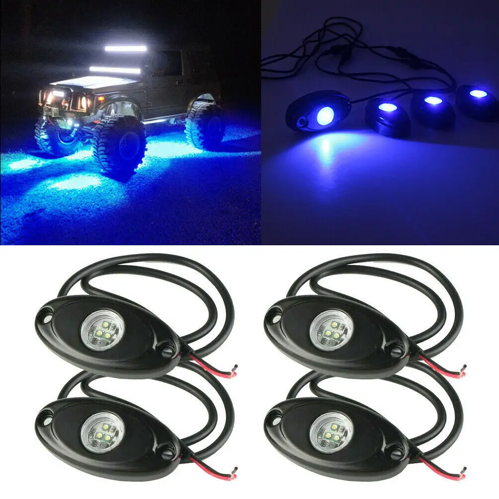 4 buah lampu batu LED 9W untuk Jeep Wrangler Off-Road lampu bawah roda Bar perahu biru