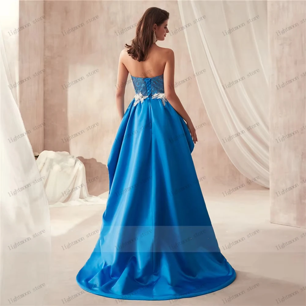 ゴージャスなイブニングドレス サテン プロムドレス レース アップリケ ストラップレス バックレス ローブ フォーマルパーティー用 ベスティドス デ ガラ カスタマイズ