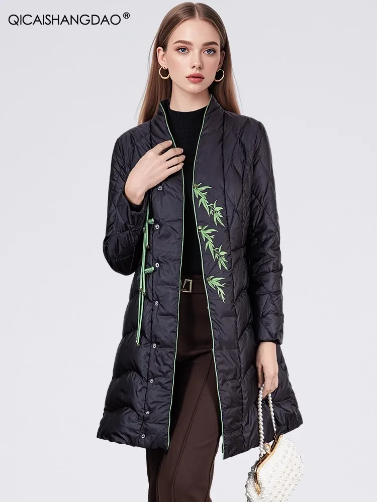 Fashion Women\' Winter Black Long Embroidered Down Jacket Warm Bodycon White Duck Down Puffer Coat Fashion Casual Winter Parkas