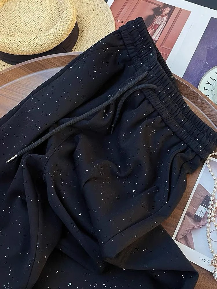 أنيقة واسعة الساق السراويل النساء عالية الخصر السراويل الكورية غير رسمية الربيع فضفاضة الإناث الدانتيل يصل موضة Sweatpants السوداء