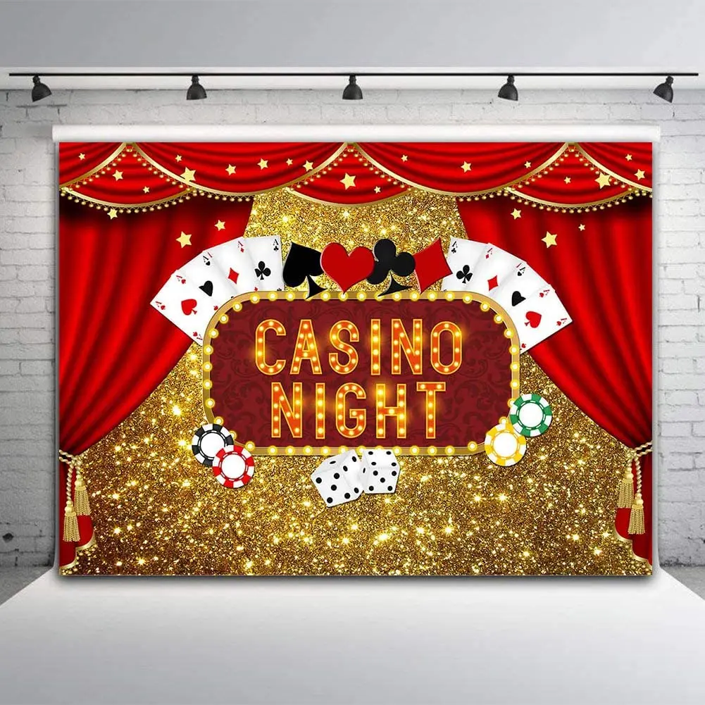 

Casino Night Poker Dice Red Curtains Photography Backdrop Gold Glitter Bokeh Photo Background Birthday Party Banner Decorations