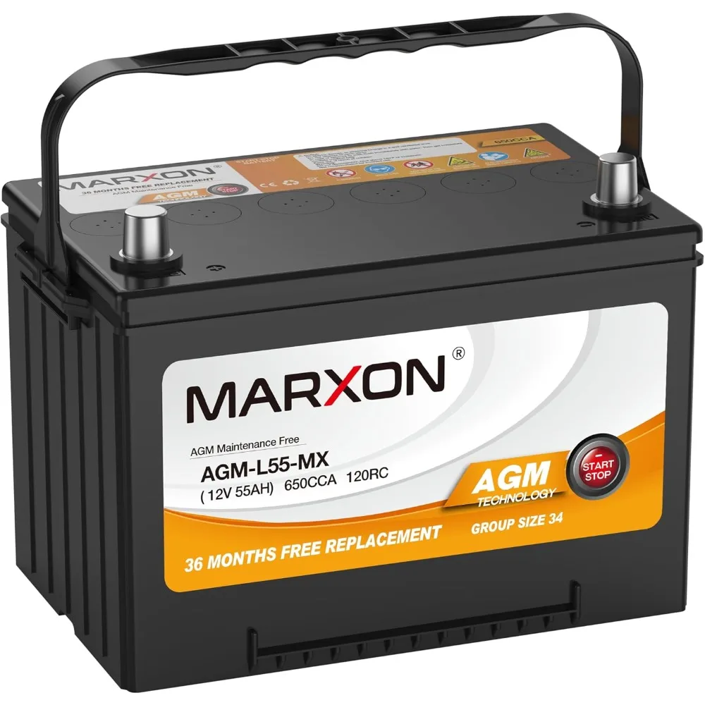 

Group 34 Start and Stop Car Battery 12v 55AH 650CCA AGM BCI34 Maintenance Free Automotive Replacement Batteries