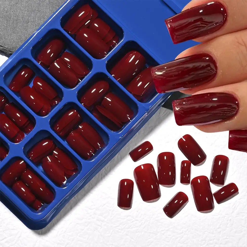 120 Stück Weinrote Kurze Eckige Aufklebenägel Glänzende Burgunderrote Vollabdeckende Künstliche Nagelspitzen für Frauen Sargförmige Tragbare Falsche Fingertips
