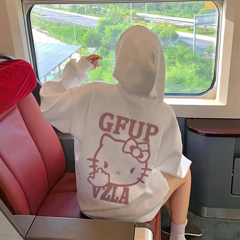

Милые и крутые толстовки Hello Kitty для мужчин и женщин на осень и зиму, милое свободное пальто в студенческом стиле, модное Harajuku Y2k