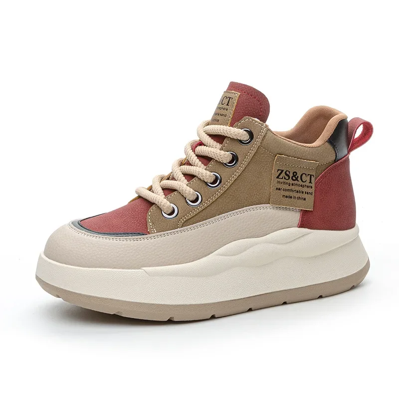 

Real Leather Women's Sports High Top Shoes Spring and Autumn Thick Soled Casual Women's Vulcanized Shoes Women Shoes