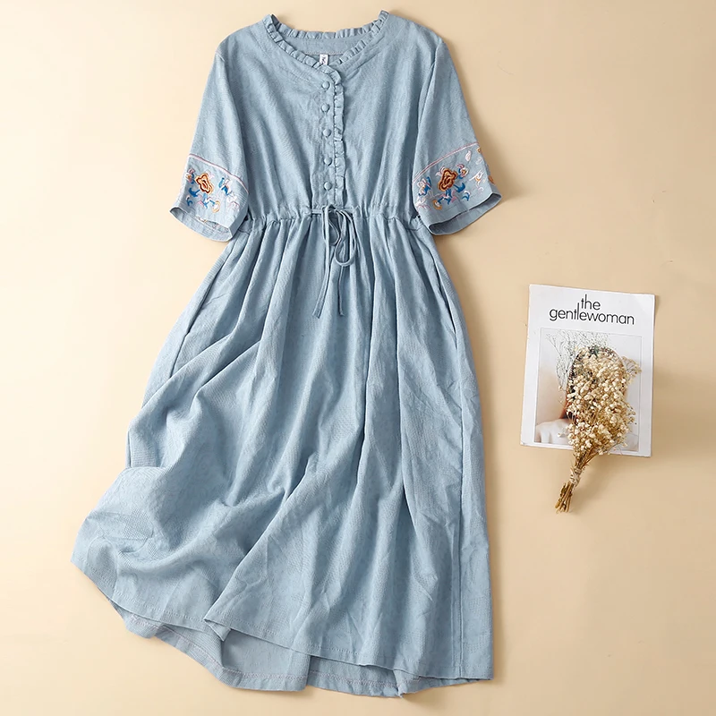 Linen and Cotton Dress Ladies 2024 Summer New Fashion Embroidery Loose Drawstring Straps Mid-length Mori Ruffle Casual Dress