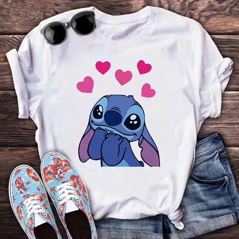 

Disney Cartoon Lilo Stitch Print T Shirts Women Fashion Graphic Tees Cute Women Tops Funny Vintage Casual Men Tshirt Kids Gift