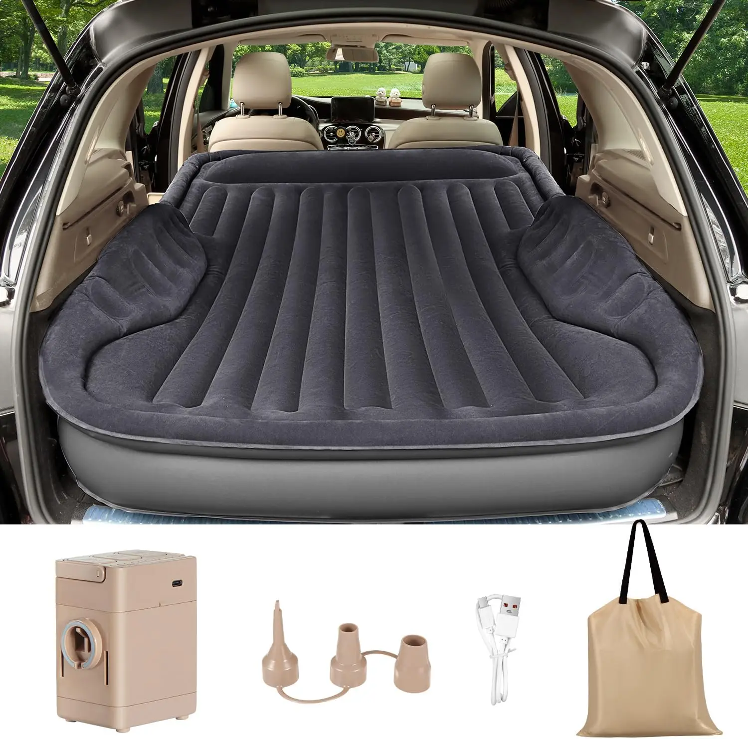 

Self-Inflating SUV Air Mattress with Electric Pump, Portable for Travel and Camping, Black