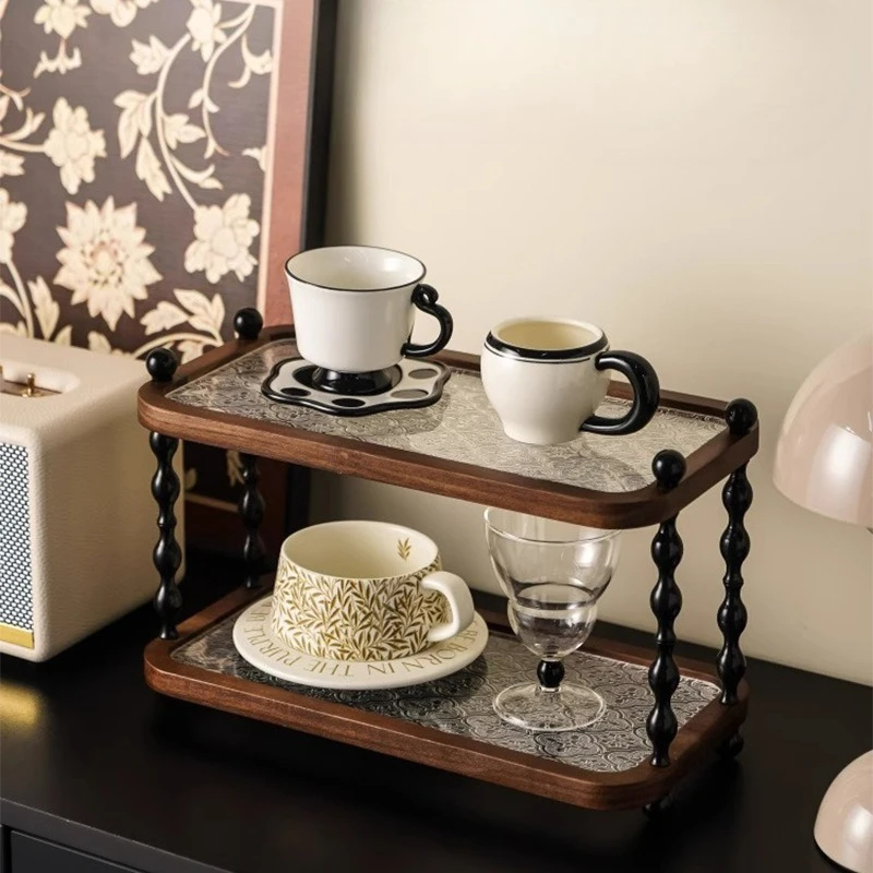 

High-end retro style desktop double-layer cup holder solid wood household countertop cosmetics finishing spice rack